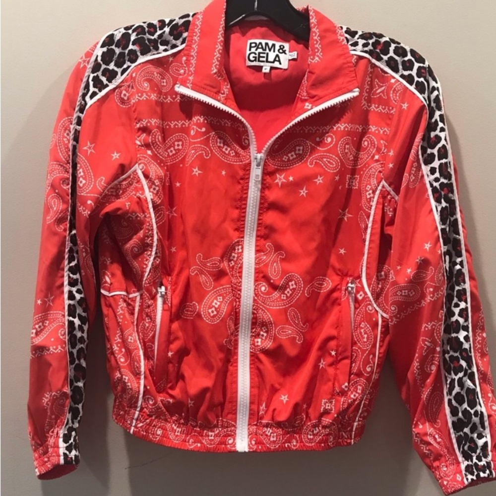 Pam & Gela Red Bandana Bomber Jacket with Leopard Accents